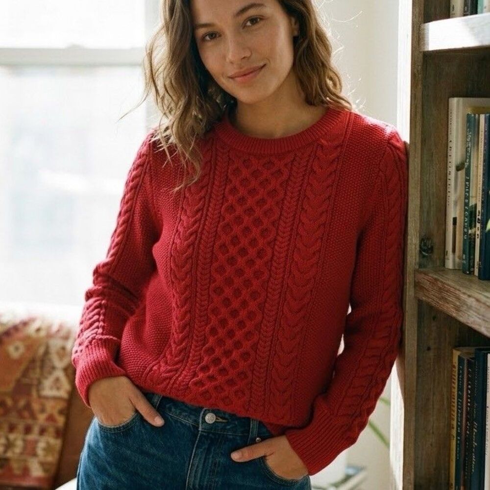GAP Chunky Cable Knit Crewneck Sweater Red 100% Cotton Preppy Holiday XL